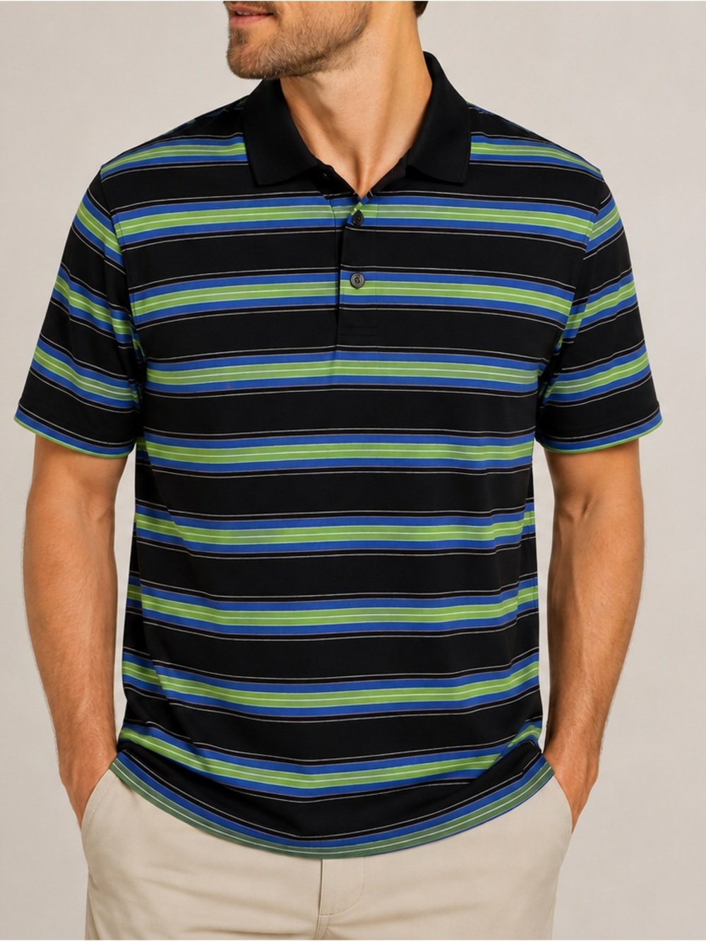 Greg Norman Black/Blue/Green Stripe 100% Cotton Golf Polo Shirt Men's Size Large